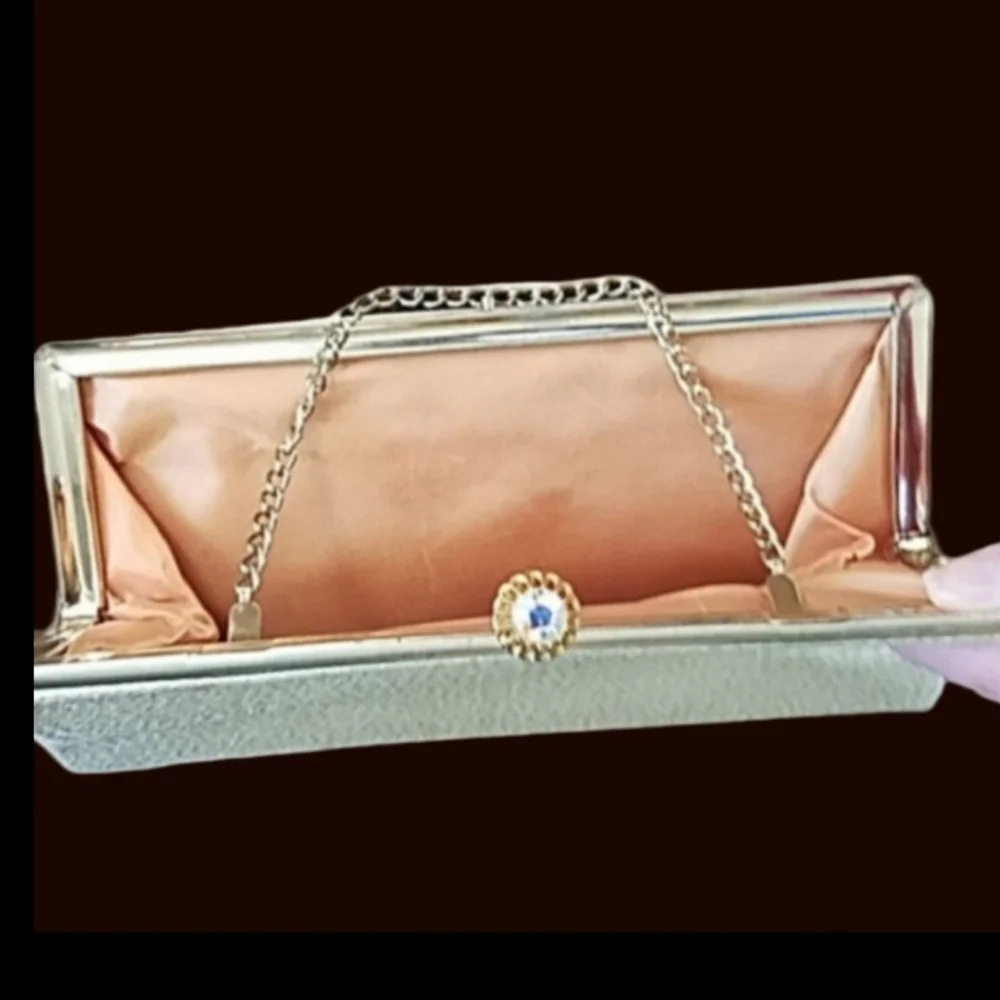 Y2K Silk Clutch Rectangular Gold Sparkle Satin Metal Chain Crystal Clasp